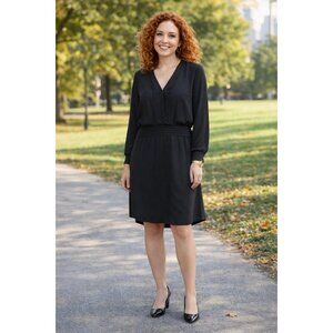 White House Black Market Black Blouson Pleated Trim Dress V-Neck Long Sleeves